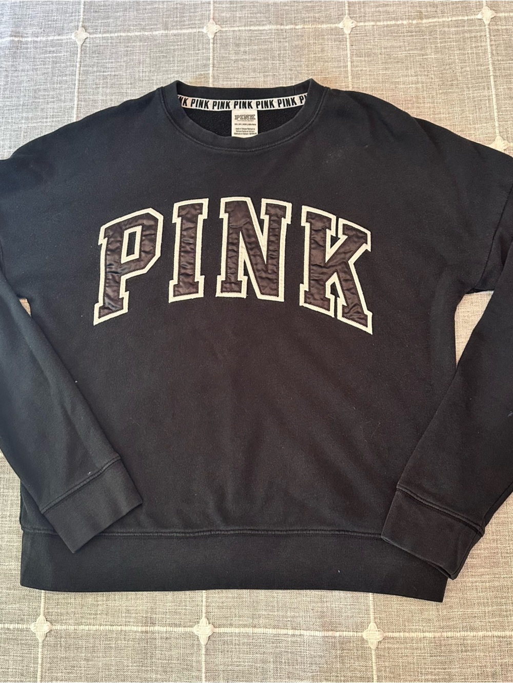Victoria's Secret PINK Black Crew Sweatshirt with White-Outline Logo